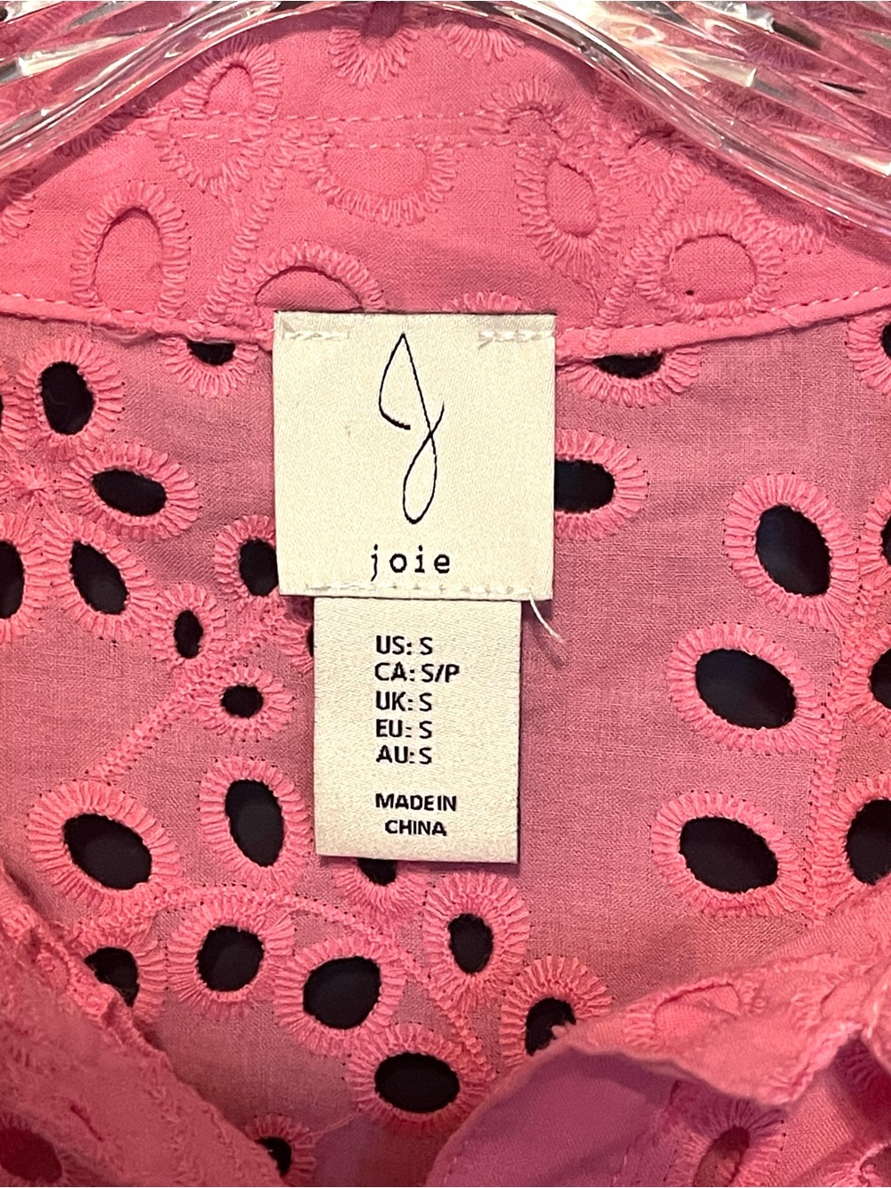 "JOIE" LADIES GORGEOUS PINK EYELET LONG SLEEVE BUTTOM UP BLOUSE, SIZE SMALL - Picture 4 of 4